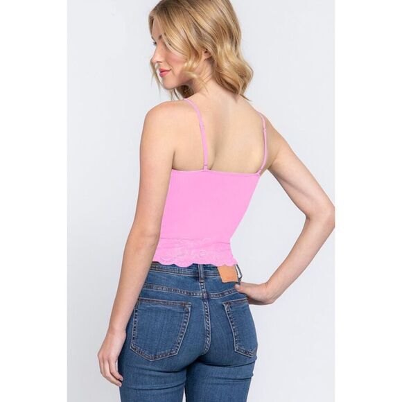 3/$16🎁Pink Cami Tank Ribbed Seamless Spaghetti Straps Lace Trim Lg - Picture 4 of 4